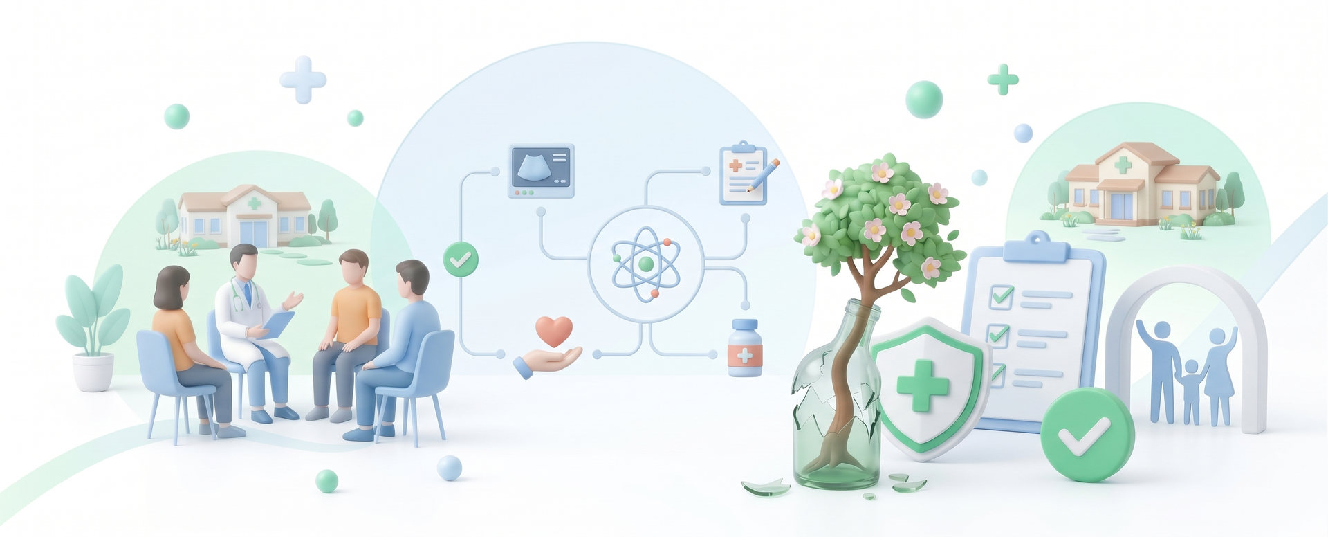 Иллюстрация программы реабилитации: консультация врача с пациентами, схема диагностики, цветущее дерево, прорастающее сквозь разбитую бутылку, и возвращение к семье